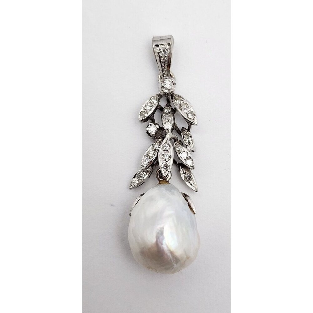 Unique 18K Solid White Gold Designer Pearl & Diamond Drop Dangle Charm Pendant